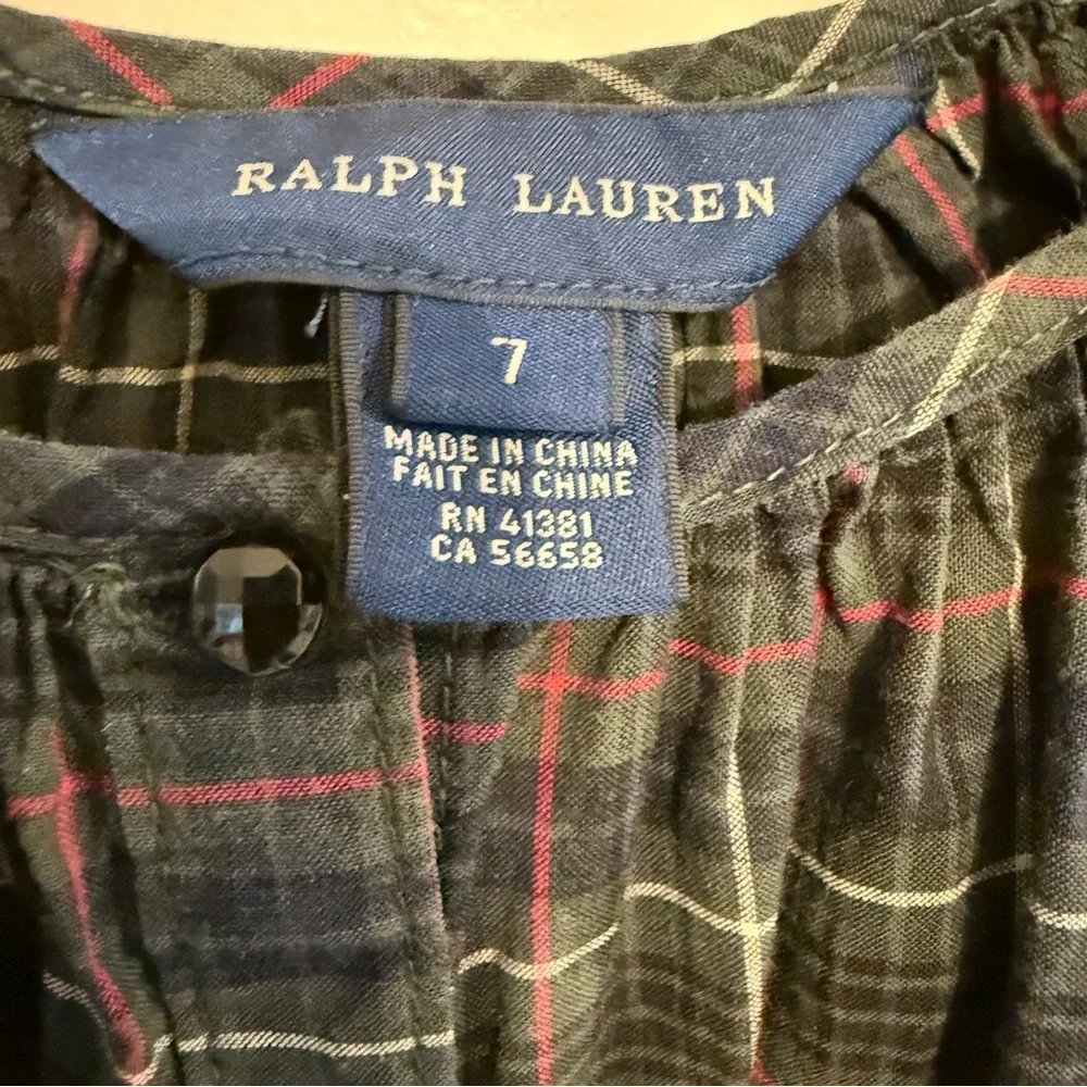 Ralph Lauren Plaid Blouson Top Dark Green Shimmery Buttons 7 Christmas Holiday